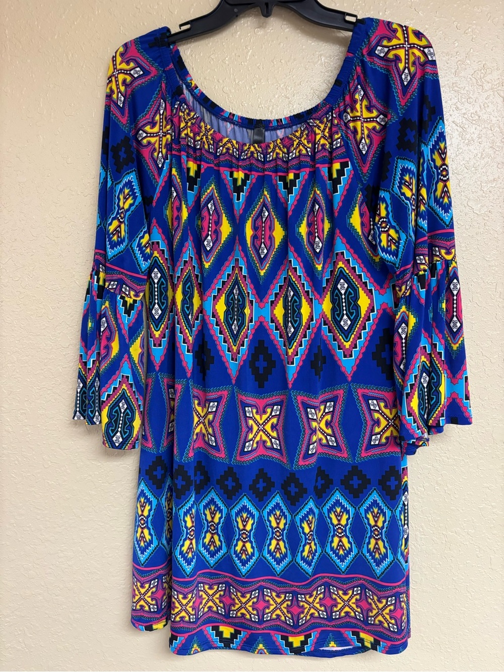 Women's Blue Multi-Color Boho Print Peasant Blouse